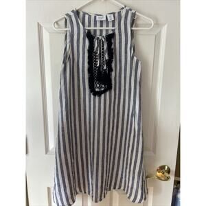 Antibes Blanc Linen Dress Euc blue white stripe tie tassel fringe pockets XS